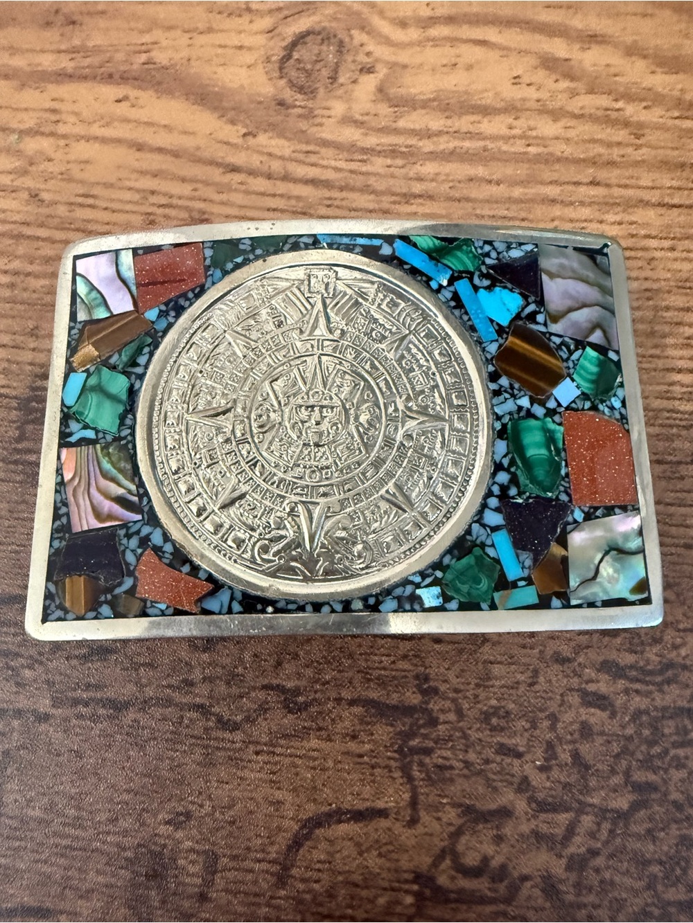 VTG Handcrafted Mexican Sterling Silver Aztec Mosaic Inlay Belt Buckle 83g